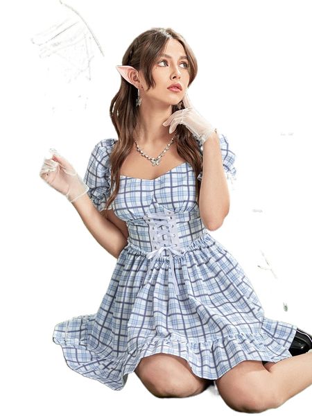 

plaid grommet lace up front puff sleeve ruffle hem dress o5tf#, Black;gray