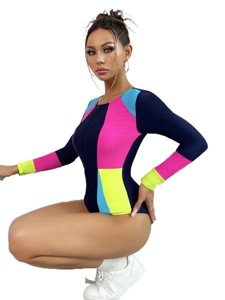 

colorblock zipper front high neck one piece swimsuit m6ko#, White;black