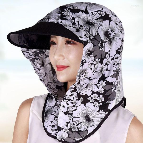 Largura chapéus abrangentes Proteção solar full women chapéu fino algodão respirável passeio big beire top top véu rápido em todo o véu wend22