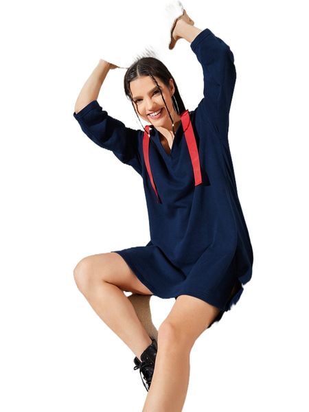 

x aletia figure graphic slit hem drawstring longline hoodie s72o#, Black