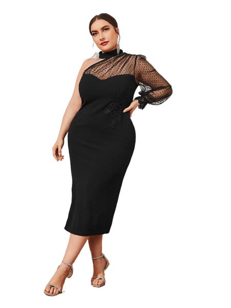 

plus appliques dobby mesh panel asymmetrical neck split hem dress f1l8#, Black