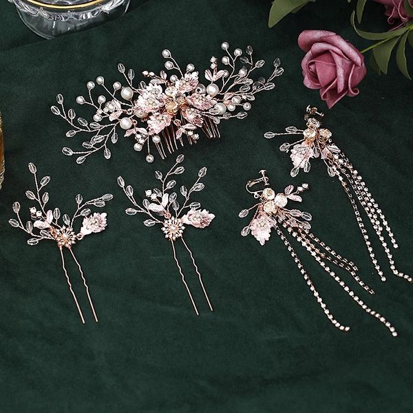 Rosegold Haarschmuck Set Luxus Kristall Hochzeit Haarkamm Haarnadel Perlen Perlen Braut Kopfschmuck für Frauen