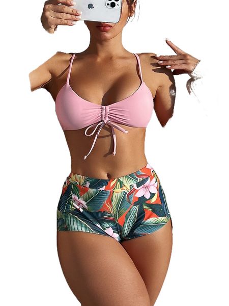 

tropical print drawstring bikini swimsuit n4tn#, White;black