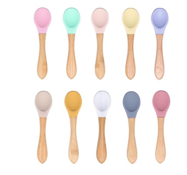 

baby wooden feeding spoon silicone organic soft tip bpa food grade material handle toddlers gifts