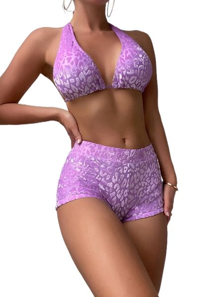 

textured leopard halter bikini swimsuit a5nd#, White;black