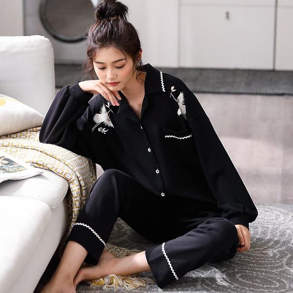 

autumn knitted cotton women pajamas sleepwear set long sleeve turn-down collar cardigan loose soft -3xl female homewear, Black;red