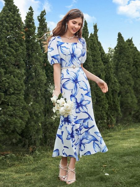 

floral print mermaid hem dress without belt 375c#, Black;gray