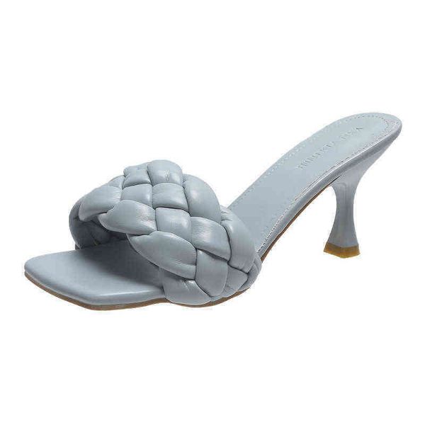 

summer sandals women woven thin heeled slippers designer fashion square toe, Black