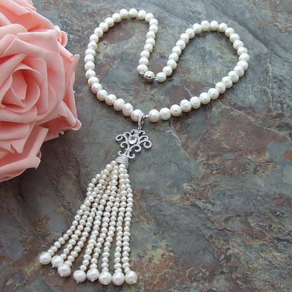 

attractive white freshwater pearl necklace zircon pendant 22&quot, Silver