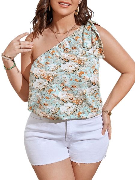 

plus allover floral print knot one shoulder blouse y13b#, Black