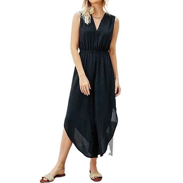 

women's slip dress maxi long dress blue black sleeveless solid color patchwork summer v neck stylish 2022 s  l xl l1i2#, Black;gray