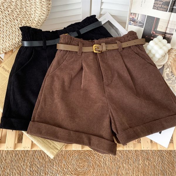 

corduroy rolled wide-leg shorts women korean retro elastic waist loose casual short pants with belt a line femme 220427, White;black