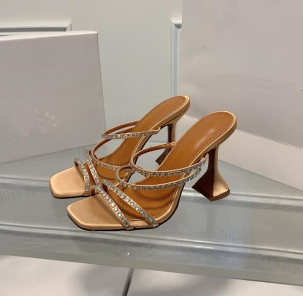 

women's brand letter sandals rhinestone high heel sandals summer new square toe slippers, Black