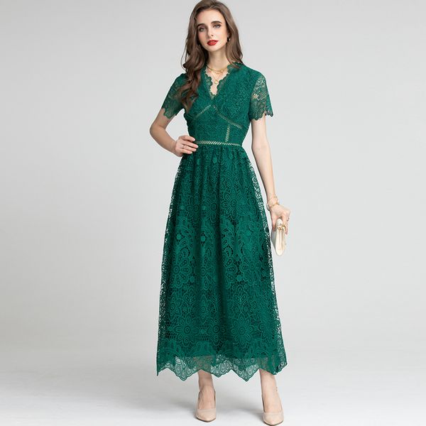 

women's runway dresses v neck short sleeves embroidery high street fashion european style lace dress vestidos, Black