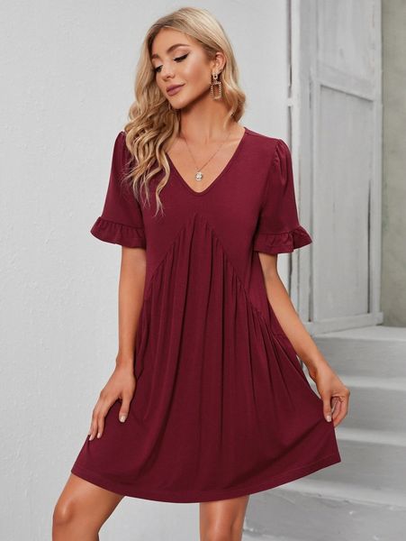 

flounce sleeve solid smock dress p7dr#, Black;gray