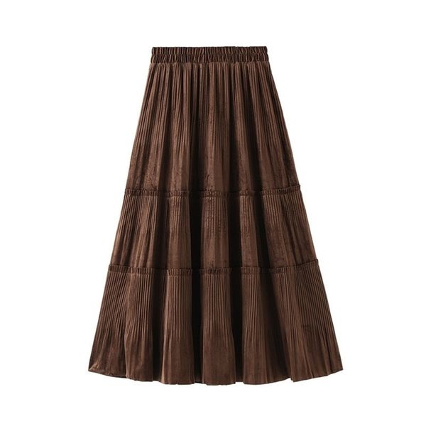 

preppy style women skirts winter in golden velvet patchwork ruffles ruched elastic waist a linen drape long skirts 210319, Black