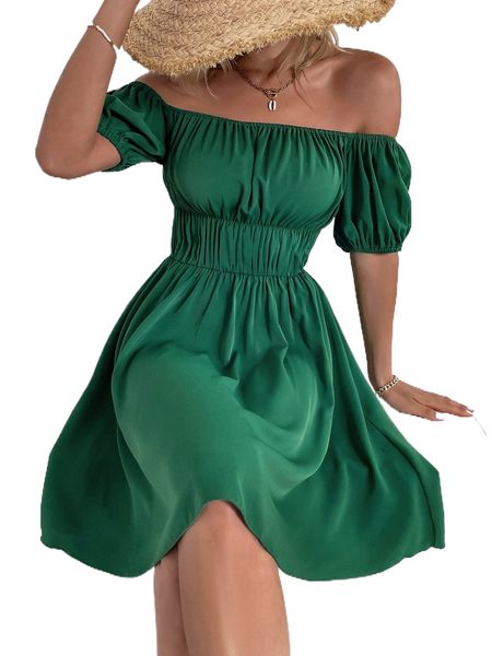 

off shoulder ruched bust a-line dress l4vv#, Black;gray