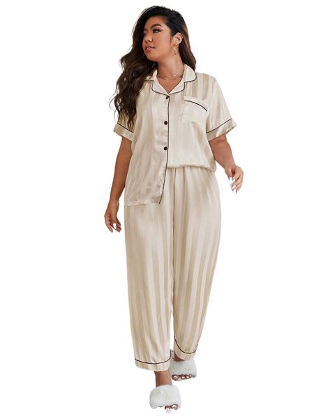 

plus striped jacquard contrast piping satin blouse & pants pj set 98jv#, Black;white