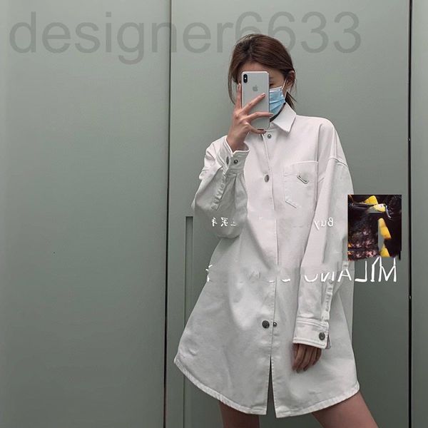 

women's polos designer triangular decoration silver metal button casual denim coat early autumn jacket shirt 6pmf, White