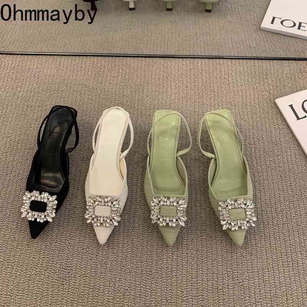 Sandali Fashion Sandalo con fibbia in cristallo 2022 Scarpe da donna Tacco piatto Punta a punta Slingback Slip on Mules Abito verde 220704