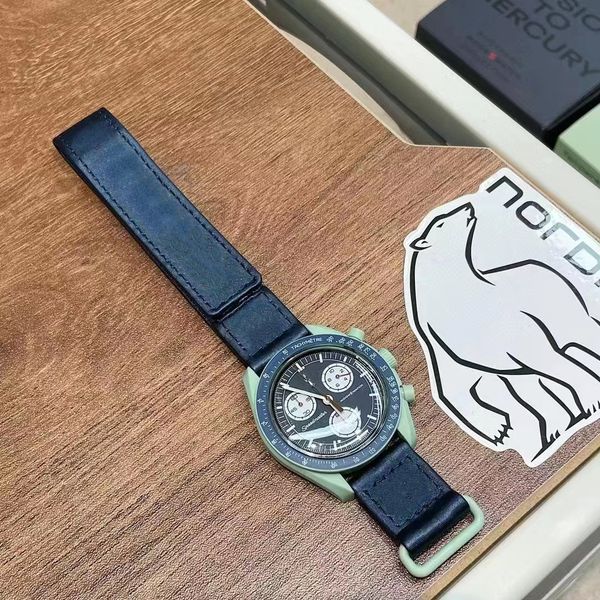 

bioceramic moonswatch swiss quqrtz chronograph mens watch so33g100 mission to earth 42mm real green ceramic blue dial nylon strap with box s, Slivery;brown