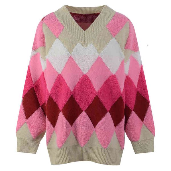

women's knits tees lazy style gingham sweater winter gradient aging v-neck loose thin vnyg, White