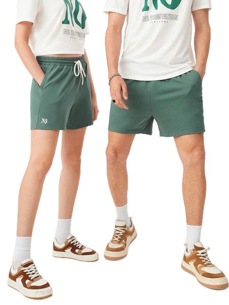 

1pc letter graphic drawstring waist shorts g7zz#, White;black