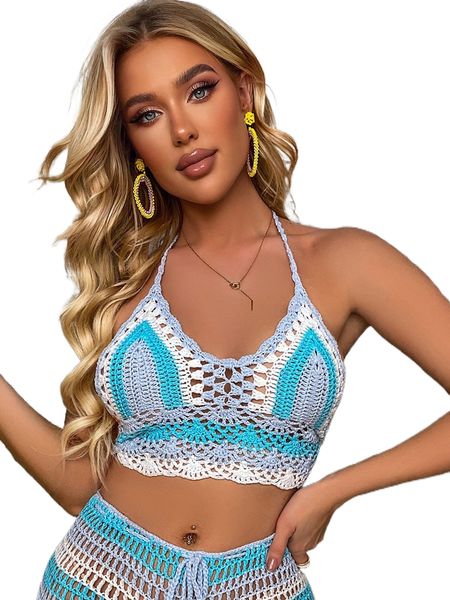 

striped knitted halter cover up e3pm#, White;black