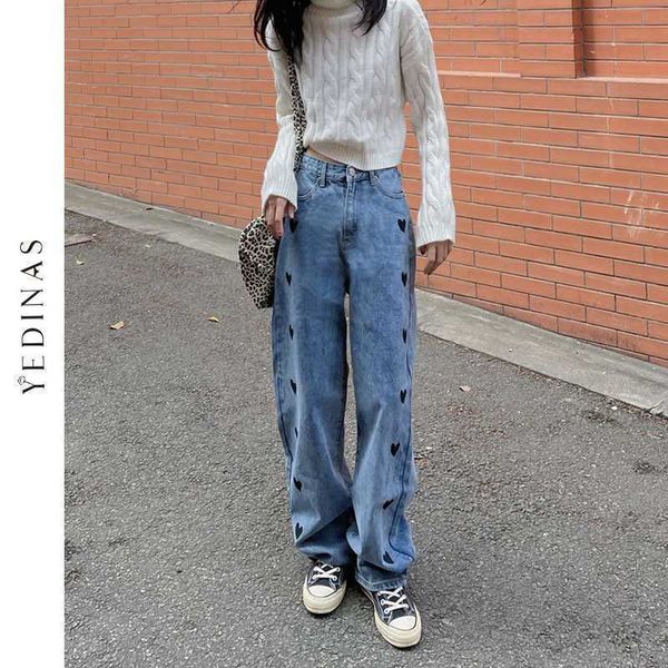 

yedinas women denim pants casual straight jeans autumn spring high waist trousers love print long vintage blue 210527