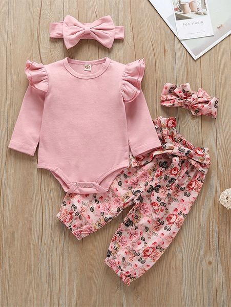 

toddler girls ruffle trim romper & ditsy floral pants & headbands she, White