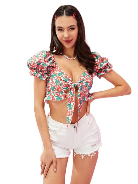 

x kays illustrations ruffle trim tie front ditsy floral u578#, White