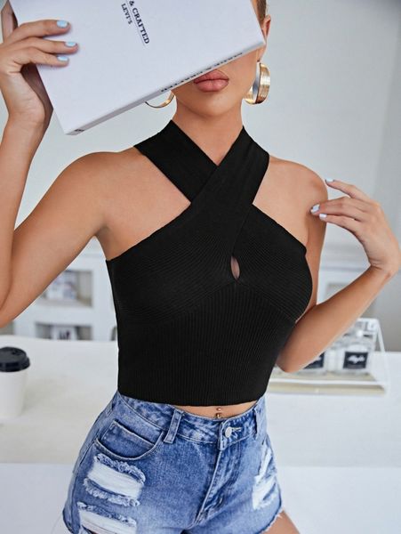 

criss cross halter neck knit x93l#, White;black