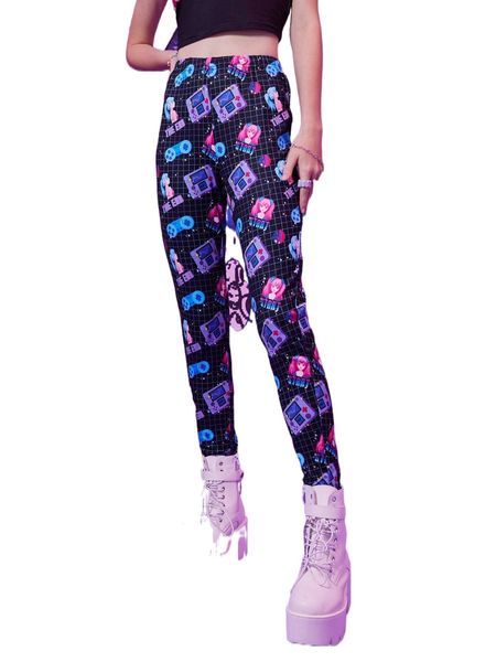 

romwe anime plaid figure print leggings o5qk#, White;black