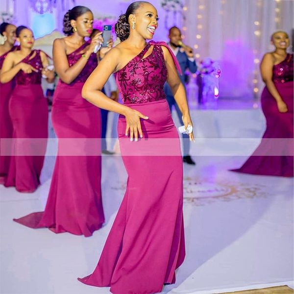 

one shoulder mermaid bridesmaid dresses with sweep train fuchsia sequins appliques long party dress robe de demoiselle d honneur, White;pink