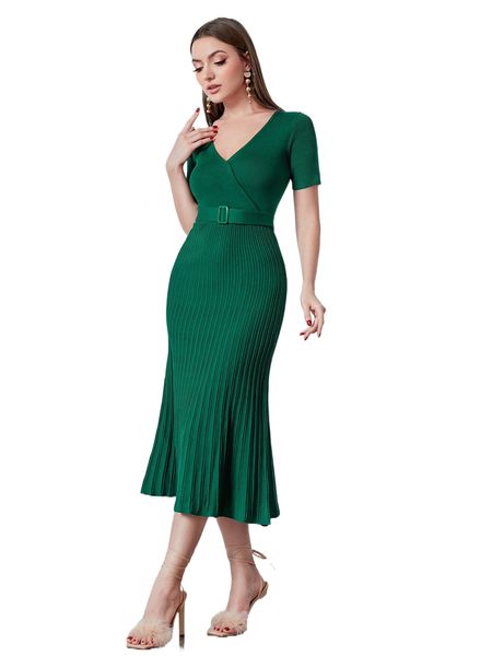 

surplice neck plisse belted sweater dress m3fd#, White;black