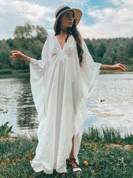 2022 Сплошное v-образное рукав Batwing Plus Size Lake Maxi Dress для женщин Summer Beach Wear Kaftan Long Bathing Plares Q1306 Y220526