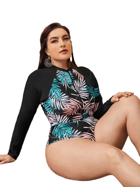 

plus palm leaf print zip front one piece swimsuit j103#, White;black