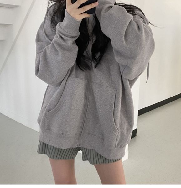 

women's jackets korean version loose hoodies long sleeve zip up solid pocket oversized sweatshirts female thin harajuku hooded coat top, Black;brown