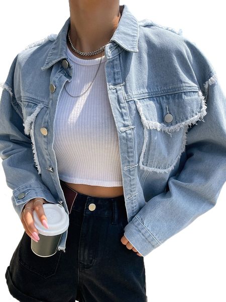 

dazy raw trim flap pocket drop shoulder denim jacket e0yj#, Black;brown