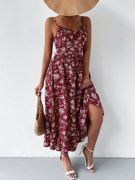 

floral print frill trim ruffle hem belted cami dress s5si#, Black;gray