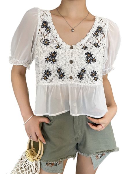 

dazy floral embroidery hollow out puff sleeve peplum u9kl#, White