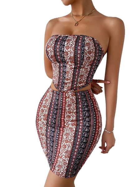 

floral print backless knot tube & bodycon skirt f6yn#, White