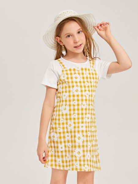 

girls solid tee & gingham cami dress she, White