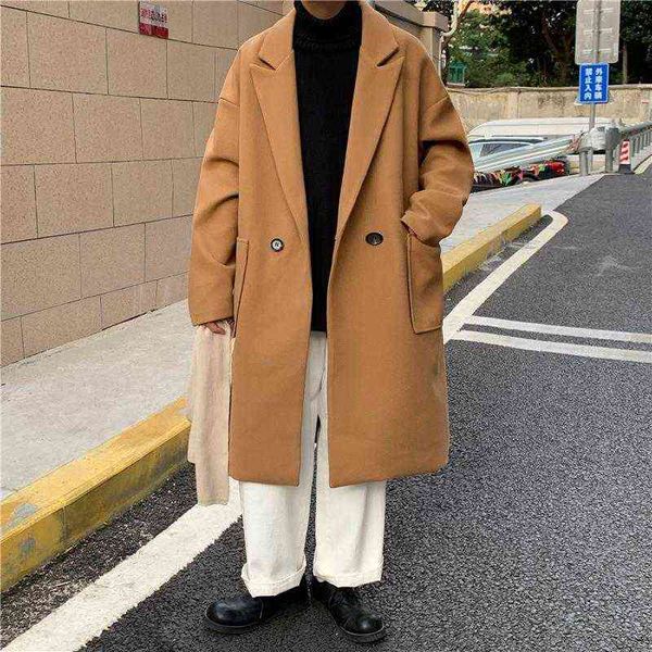 

men's wool & blends fashion trench men woolen cloth coat winter warm solid long jacket one button business casual overcoat male streetw, Black