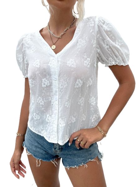 

puff sleeve button up schiffy blouse 73ie#, White