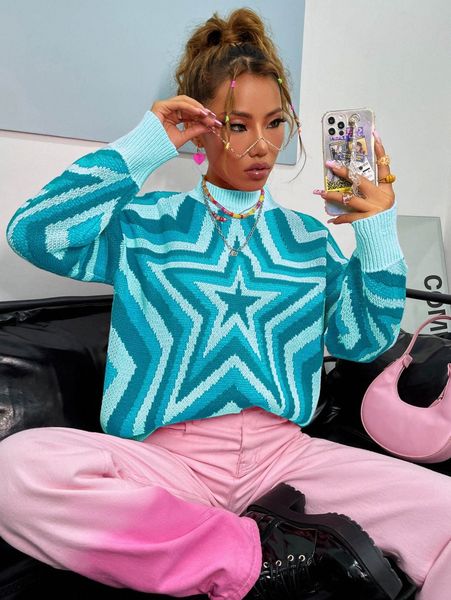 

mock neck star pattern drop shoulder sweater u2nm#, White;black