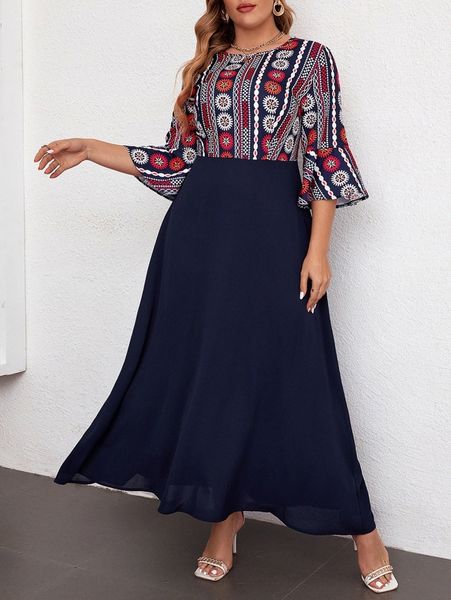 

plus geo & mandala print flounce sleeve dress t8p8#, Black