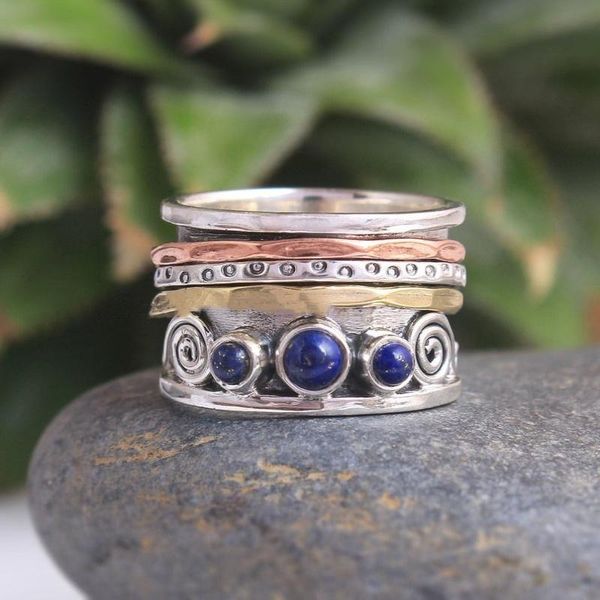

cluster rings bohemia stone inlaid finger joint ring for women carved geometric pattern lapis lazuli female jewelry accessories, Golden;silver