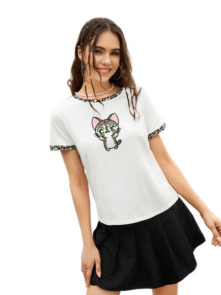 

x mvtrtk cartoon graphic contrast leopard binding tee j3t3#, White