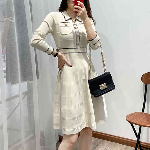 

casual dresses autumn and winter style temperament celebrity small fragrance a-line skirt waist closed long sleeve knitted pleated dress ze0, Black;gray